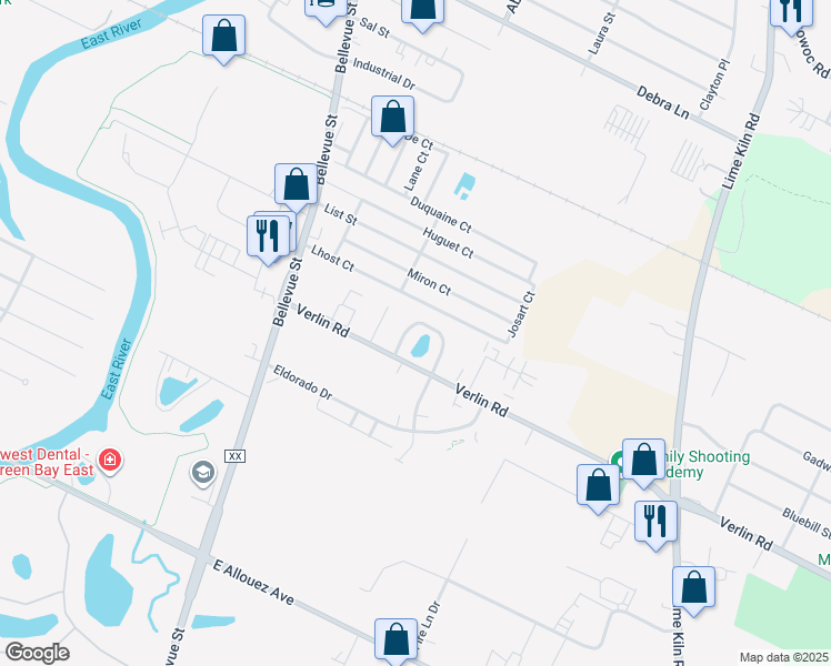 map of restaurants, bars, coffee shops, grocery stores, and more near 1320 Villa Park Circle in Green Bay