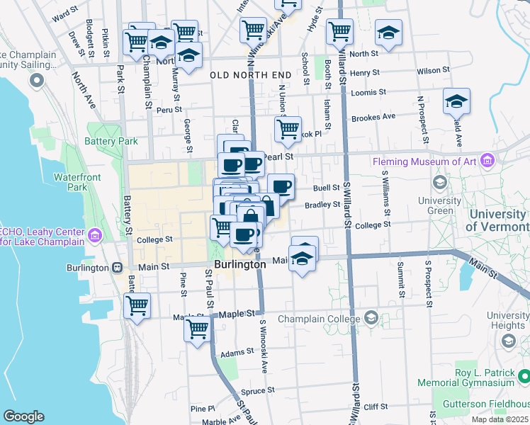 map of restaurants, bars, coffee shops, grocery stores, and more near 82 South Winooski Avenue in Burlington