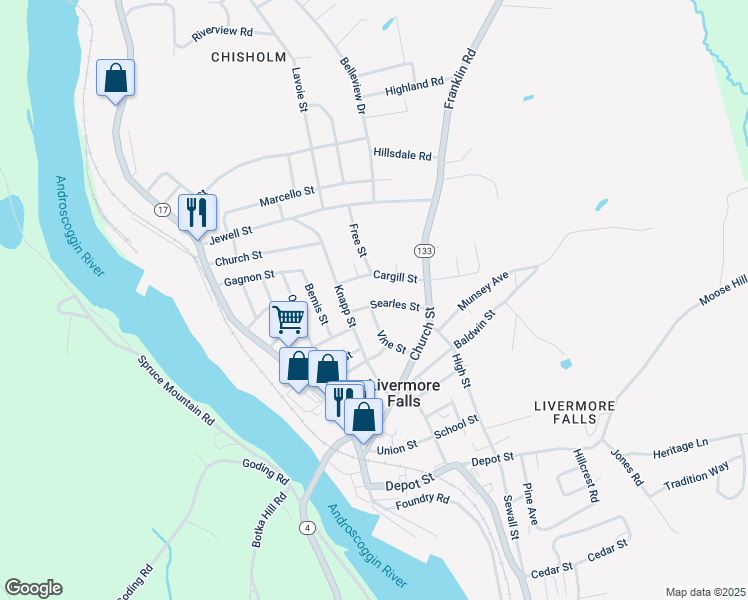 map of restaurants, bars, coffee shops, grocery stores, and more near 12 Searles Street in Livermore Falls