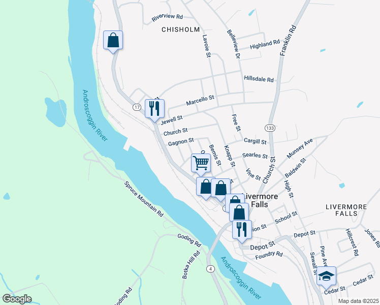 map of restaurants, bars, coffee shops, grocery stores, and more near 8 Gordon Street in Livermore Falls