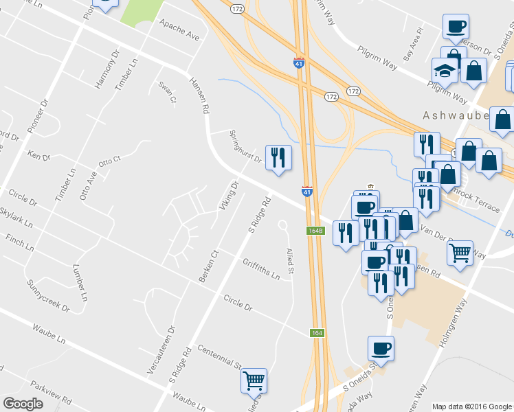 map of restaurants, bars, coffee shops, grocery stores, and more near 2750 South Ridge Road in Green Bay