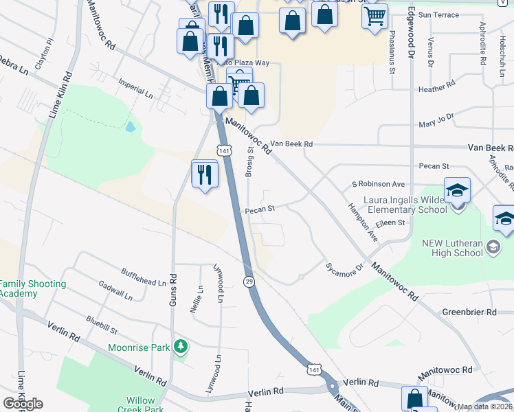 map of restaurants, bars, coffee shops, grocery stores, and more near 2311 Pecan Street in Green Bay