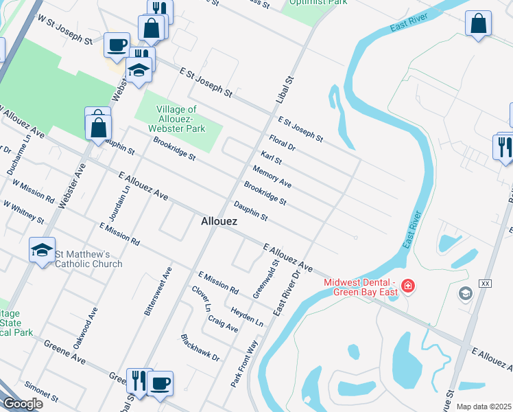 map of restaurants, bars, coffee shops, grocery stores, and more near 539 Dauphin St in Green Bay