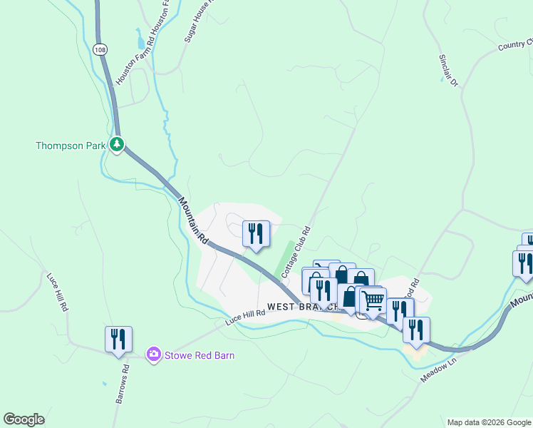 map of restaurants, bars, coffee shops, grocery stores, and more near 147 Mountainside Drive in Stowe