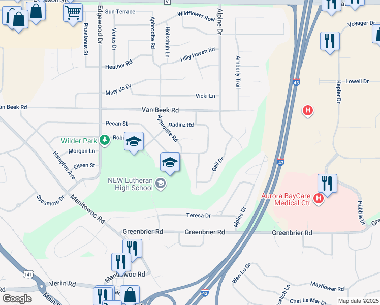 map of restaurants, bars, coffee shops, grocery stores, and more near 2640 Pecan Street in Green Bay