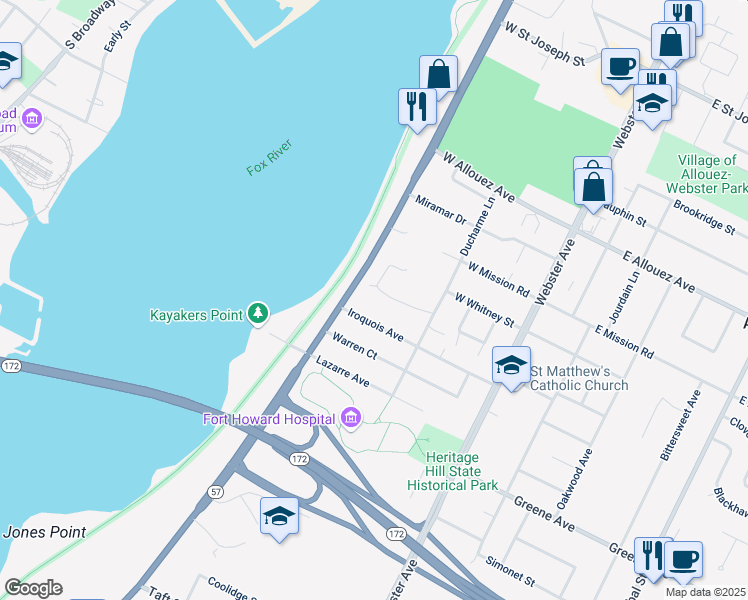 map of restaurants, bars, coffee shops, grocery stores, and more near 332 Iroquois Avenue in Green Bay