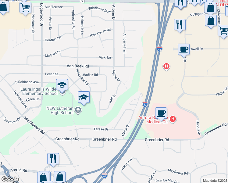 map of restaurants, bars, coffee shops, grocery stores, and more near 1234 Gail Drive in Green Bay
