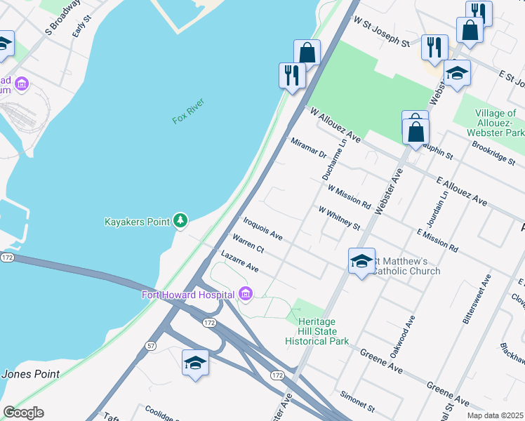 map of restaurants, bars, coffee shops, grocery stores, and more near 332 Iroquois Avenue in Green Bay