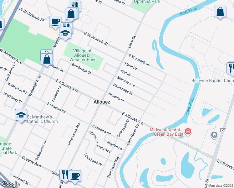map of restaurants, bars, coffee shops, grocery stores, and more near 539 Dauphin Street in Green Bay