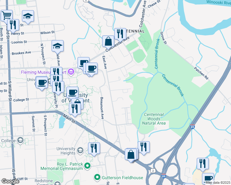 map of restaurants, bars, coffee shops, grocery stores, and more near 154 East Avenue in Burlington