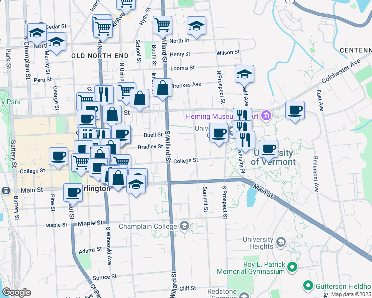 map of restaurants, bars, coffee shops, grocery stores, and more near 376 College Street in Burlington