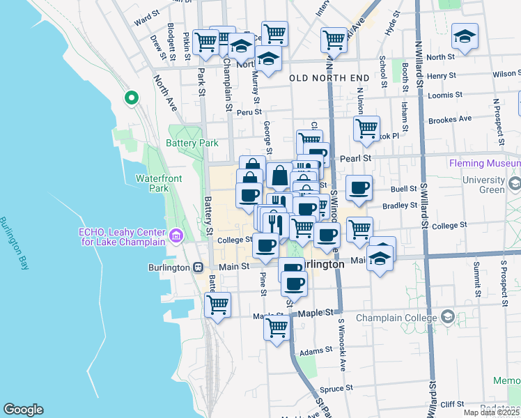 map of restaurants, bars, coffee shops, grocery stores, and more near 125 Bank Street in Burlington
