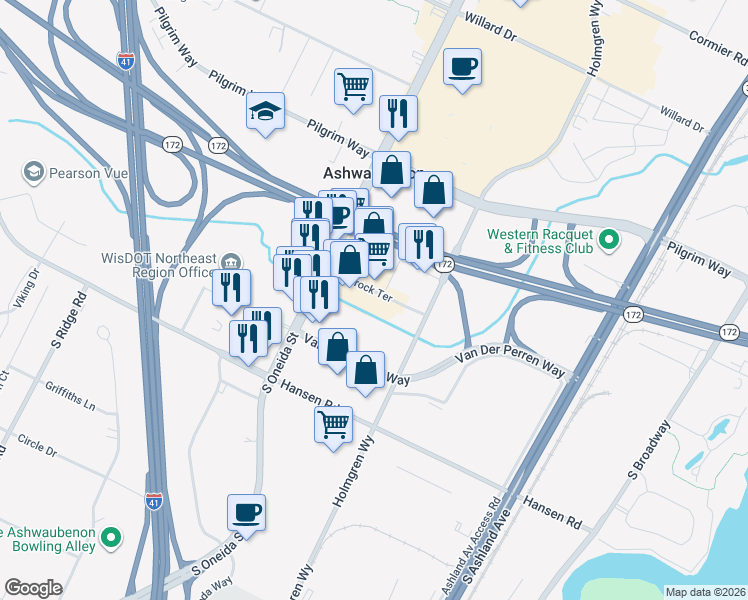 map of restaurants, bars, coffee shops, grocery stores, and more near Plymrock Terrace in Ashwaubenon