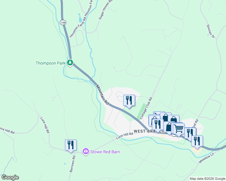 map of restaurants, bars, coffee shops, grocery stores, and more near 2364 Mountain Road in Stowe