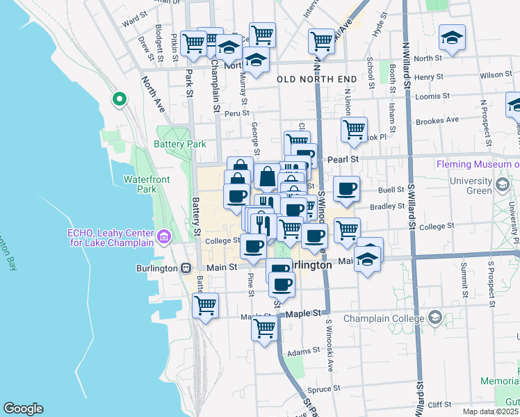 map of restaurants, bars, coffee shops, grocery stores, and more near 125 Bank Street in Burlington