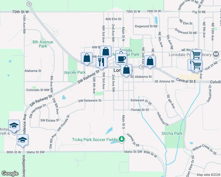map of restaurants, bars, coffee shops, grocery stores, and more near 333 2nd Avenue Southwest in Lonsdale