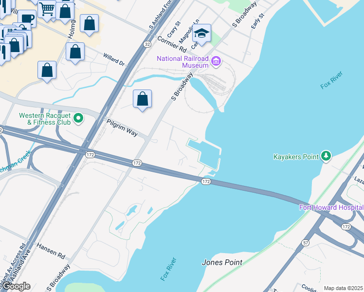 map of restaurants, bars, coffee shops, grocery stores, and more near 2475C Marina Circle in Green Bay