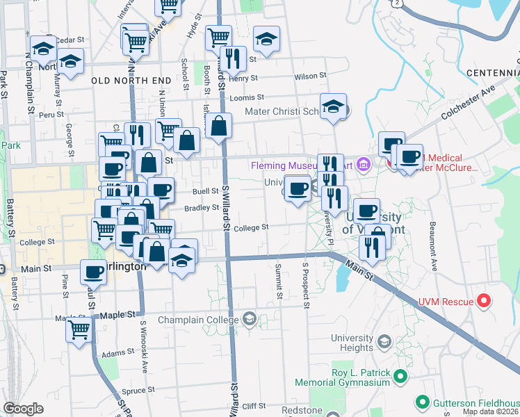 map of restaurants, bars, coffee shops, grocery stores, and more near 93 South Williams Street in Burlington