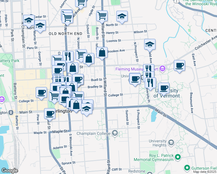 map of restaurants, bars, coffee shops, grocery stores, and more near 376 College Street in Burlington