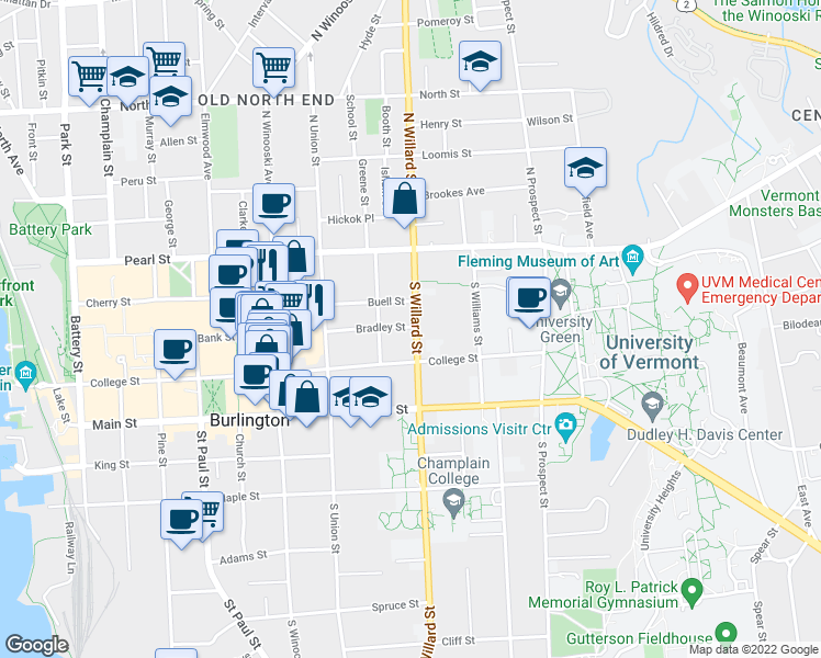 map of restaurants, bars, coffee shops, grocery stores, and more near 93 South Willard Street in Burlington