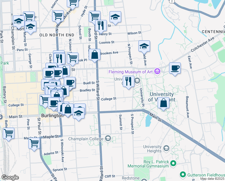 map of restaurants, bars, coffee shops, grocery stores, and more near 93 South Williams Street in Burlington