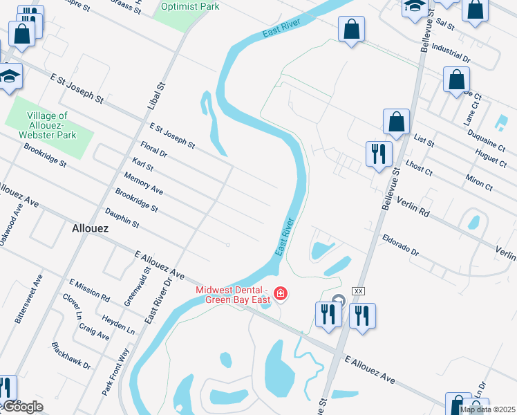 map of restaurants, bars, coffee shops, grocery stores, and more near 844 Karl Street in Green Bay