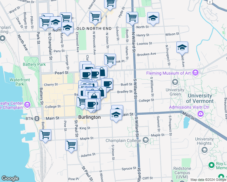 map of restaurants, bars, coffee shops, grocery stores, and more near 96 South Union Street in Burlington