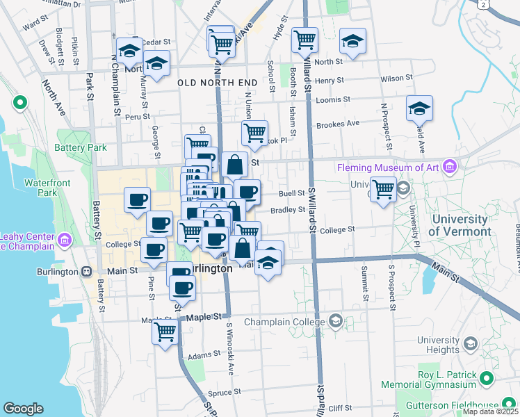 map of restaurants, bars, coffee shops, grocery stores, and more near 96 South Union Street in Burlington
