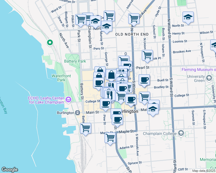 map of restaurants, bars, coffee shops, grocery stores, and more near 125 Bank Street in Burlington