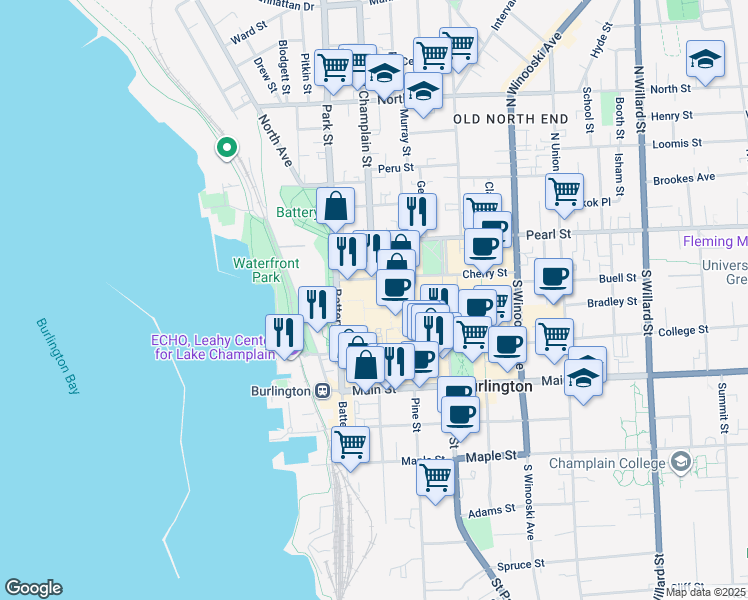 map of restaurants, bars, coffee shops, grocery stores, and more near 60 Battery Street in Burlington