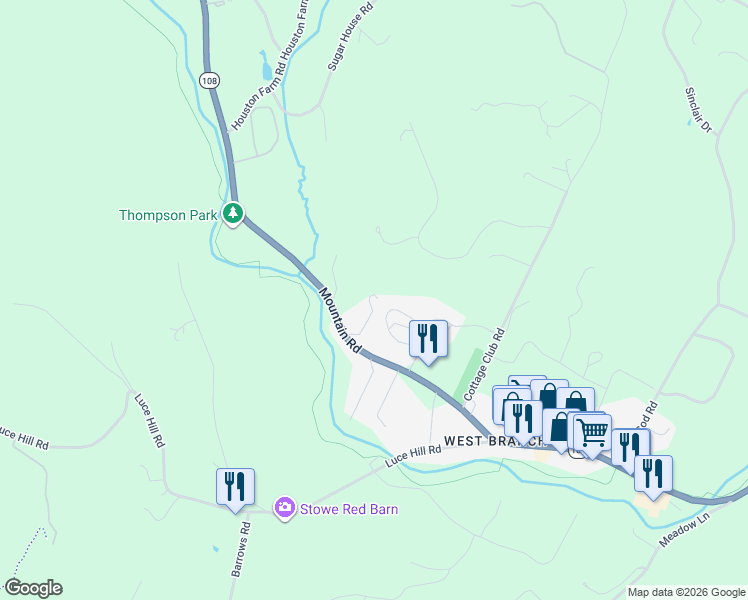 map of restaurants, bars, coffee shops, grocery stores, and more near 2364 Mountain Road in Stowe