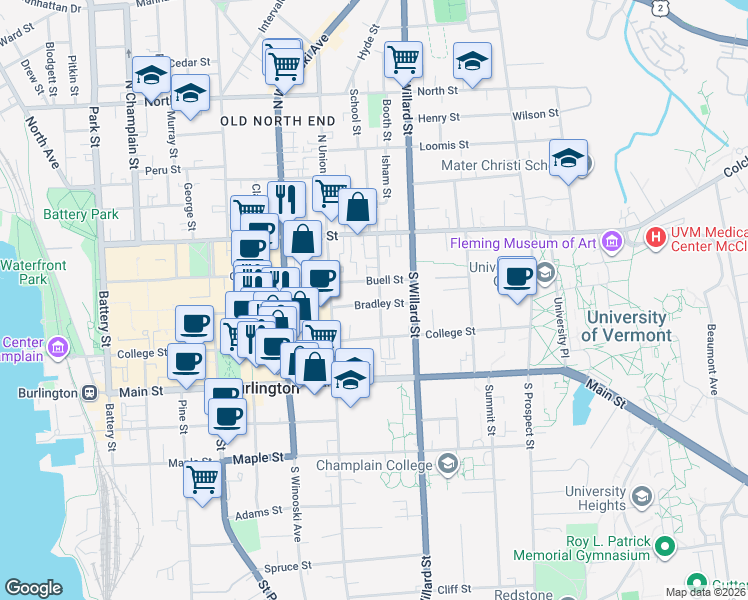 map of restaurants, bars, coffee shops, grocery stores, and more near 69 Hungerford Terrace in Burlington