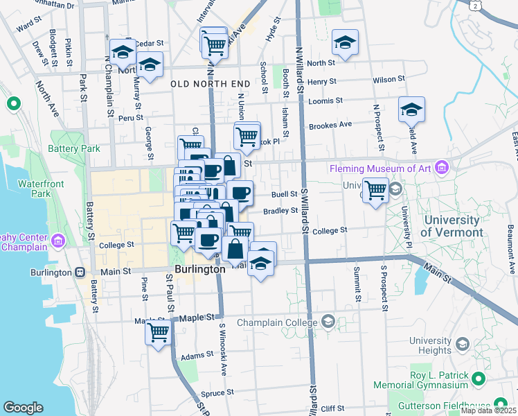 map of restaurants, bars, coffee shops, grocery stores, and more near 96 South Union Street in Burlington