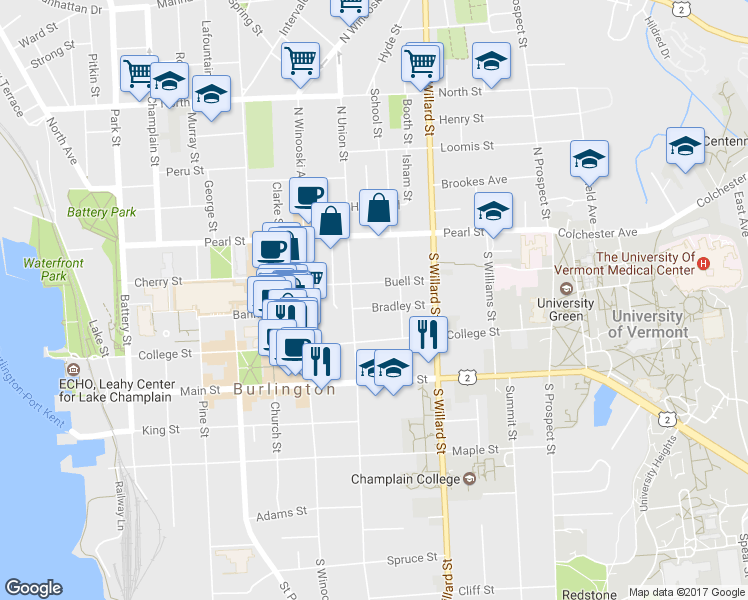 map of restaurants, bars, coffee shops, grocery stores, and more near 85 Hungerford Terrace in Burlington