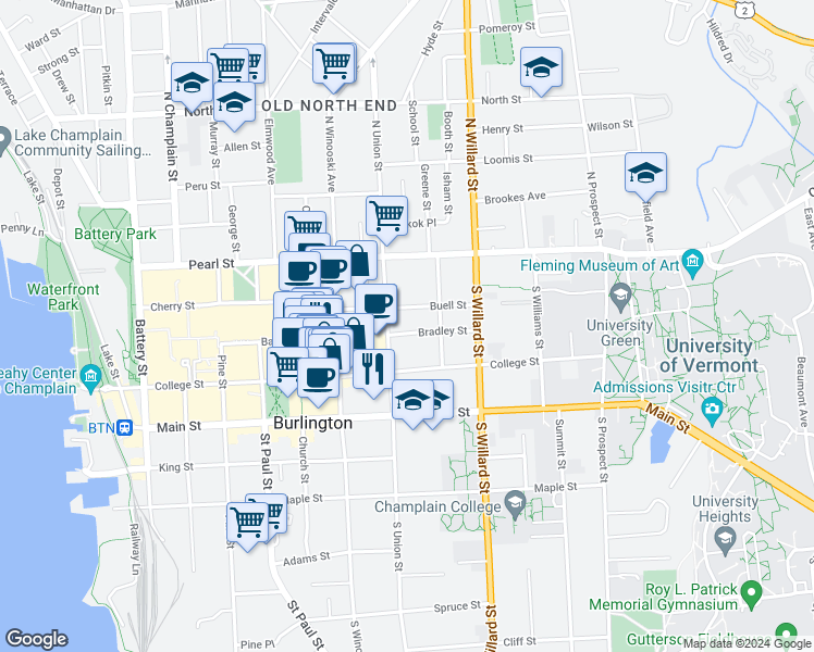 map of restaurants, bars, coffee shops, grocery stores, and more near 96 South Union Street in Burlington
