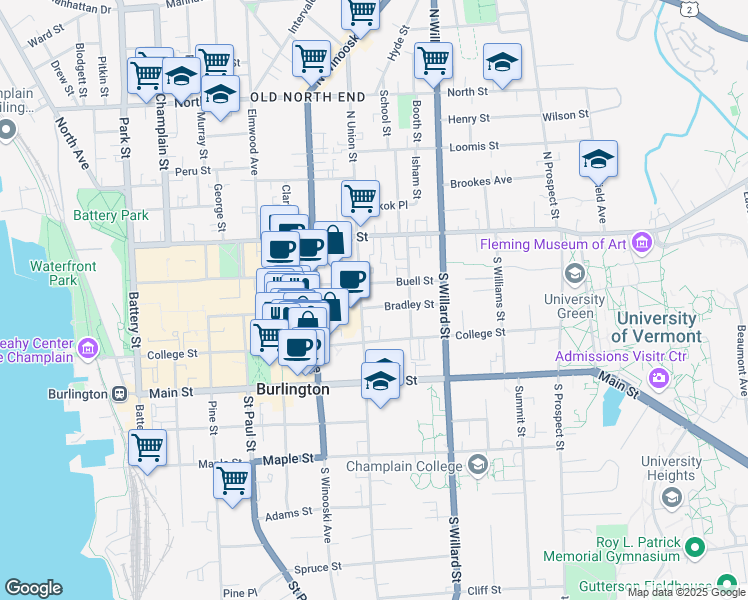map of restaurants, bars, coffee shops, grocery stores, and more near 96 South Union Street in Burlington