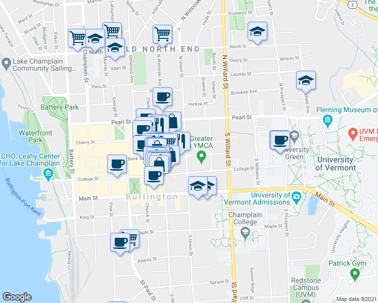 map of restaurants, bars, coffee shops, grocery stores, and more near 96 South Union Street in Burlington