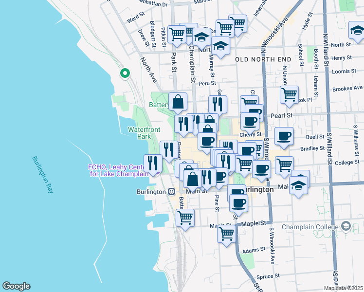 map of restaurants, bars, coffee shops, grocery stores, and more near 60 Battery Street in Burlington