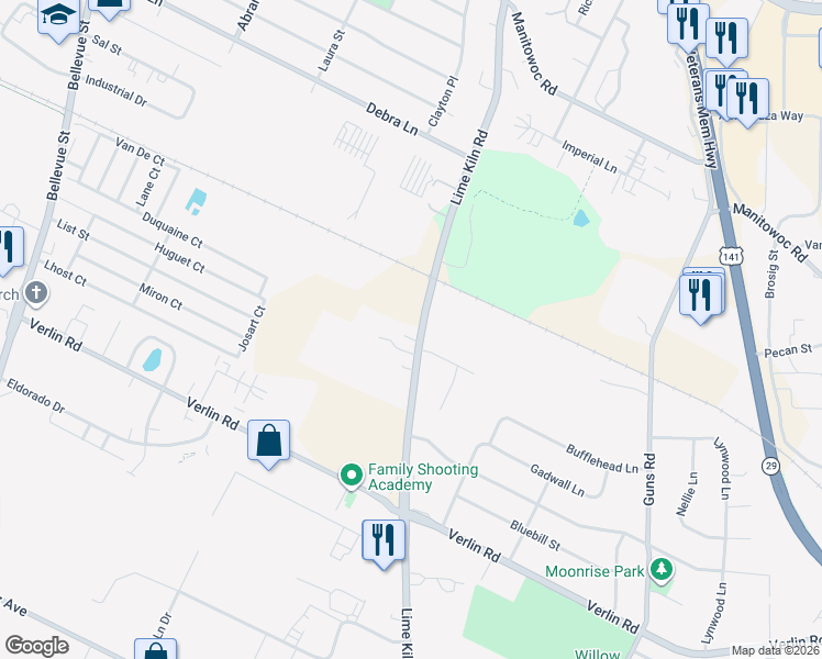 map of restaurants, bars, coffee shops, grocery stores, and more near 1370 Lime Kiln Road in Green Bay