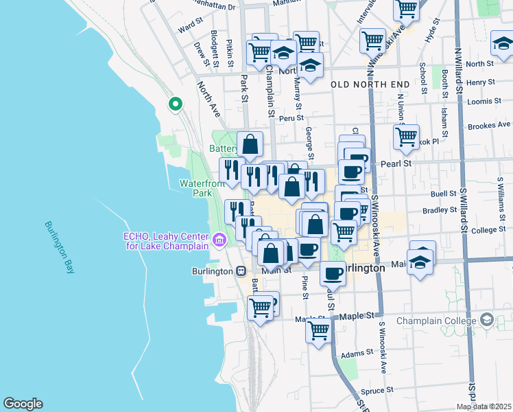 map of restaurants, bars, coffee shops, grocery stores, and more near 60 Battery Street in Burlington