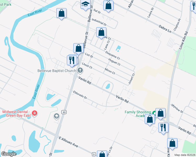 map of restaurants, bars, coffee shops, grocery stores, and more near 1785 Verlin Road in Green Bay