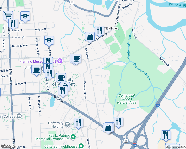 map of restaurants, bars, coffee shops, grocery stores, and more near 154 East Avenue in Burlington