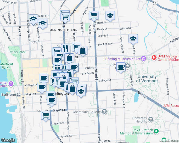 map of restaurants, bars, coffee shops, grocery stores, and more near 85 Hungerford Terrace in Burlington