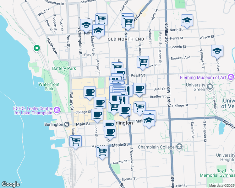 map of restaurants, bars, coffee shops, grocery stores, and more near 189 Bank Street in Burlington