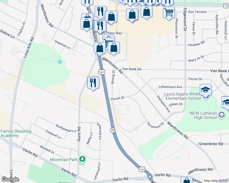 map of restaurants, bars, coffee shops, grocery stores, and more near 2311 Pecan Street in Green Bay