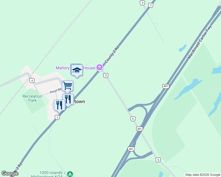 map of restaurants, bars, coffee shops, grocery stores, and more near 70 County Road 5 in Mallorytown