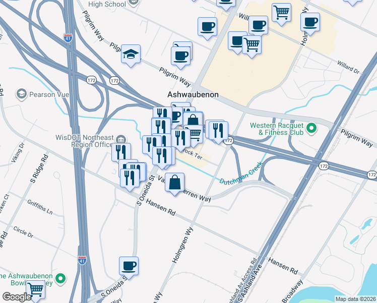 map of restaurants, bars, coffee shops, grocery stores, and more near Plymrock Terrace in Ashwaubenon