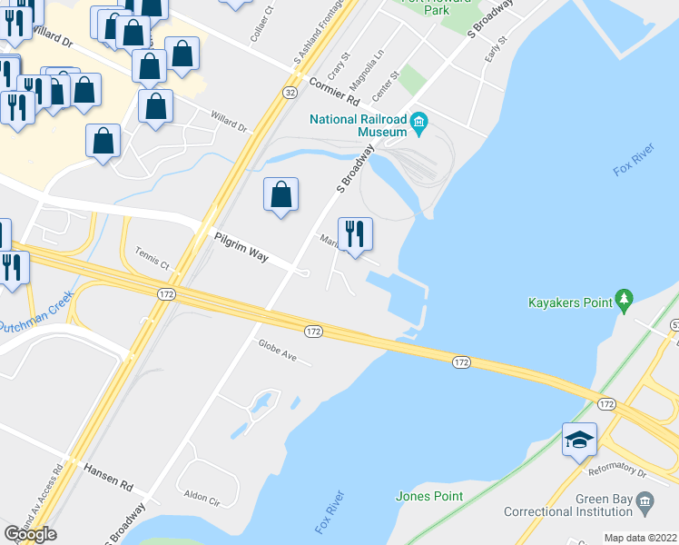 map of restaurants, bars, coffee shops, grocery stores, and more near Marina Circle in Green Bay