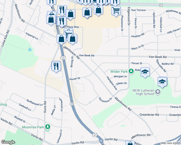 map of restaurants, bars, coffee shops, grocery stores, and more near 2370 Manitowoc Road in Green Bay