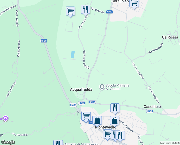 map of restaurants, bars, coffee shops, grocery stores, and more near 1 Via Acqua Fredda in Monteveglio